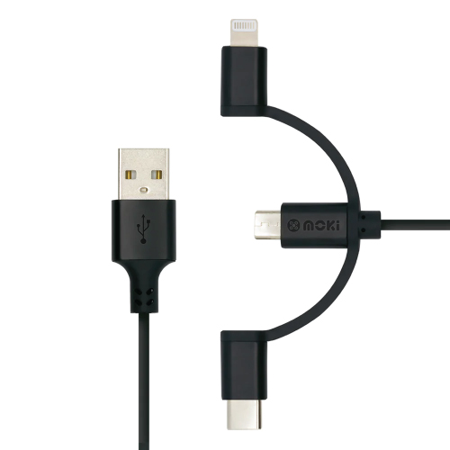 Moki 3in1 MicroUSB TypeC Syncharge Cable 1m Lightning to USB-A